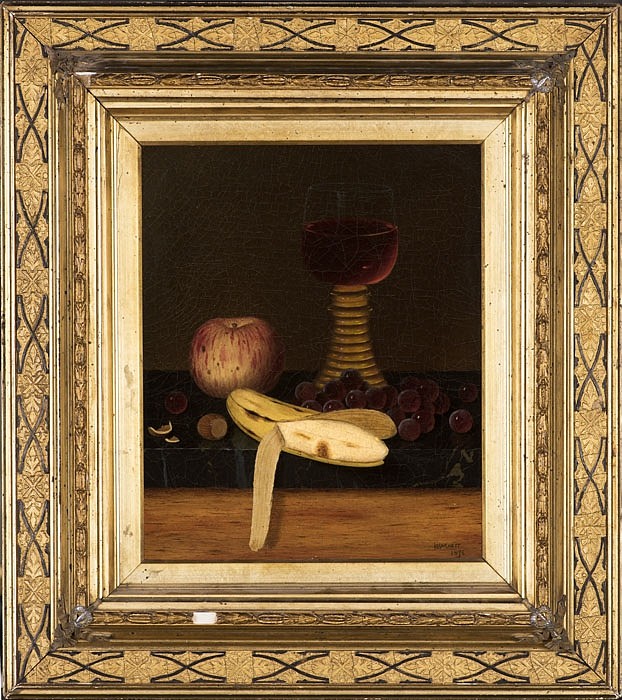 William M. Harnett, Tabletop with Still Life and Fruit and Wine, 1876
oil on canvas, 12 x 10 in. (30.5 x 25.4 cm)
WH1804001