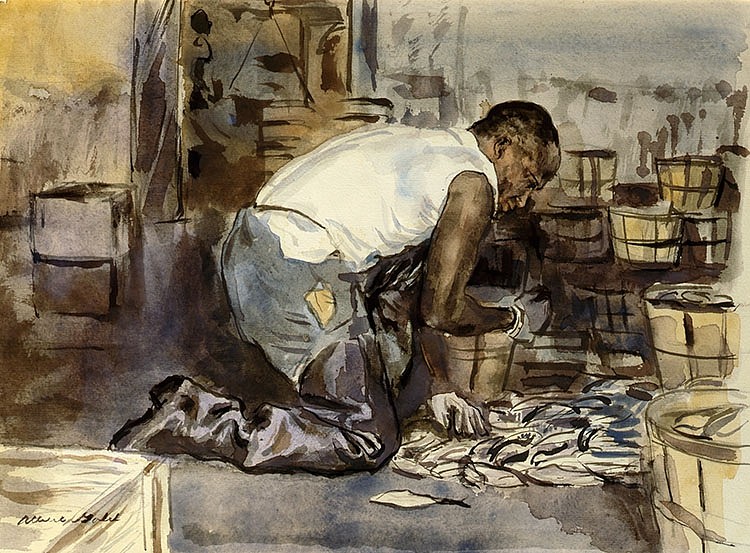 Albert Gold, Fish Packing
watercolor on paper, 12 x 16 3/4 in. (30.5 x 42.5 cm)
AG180401