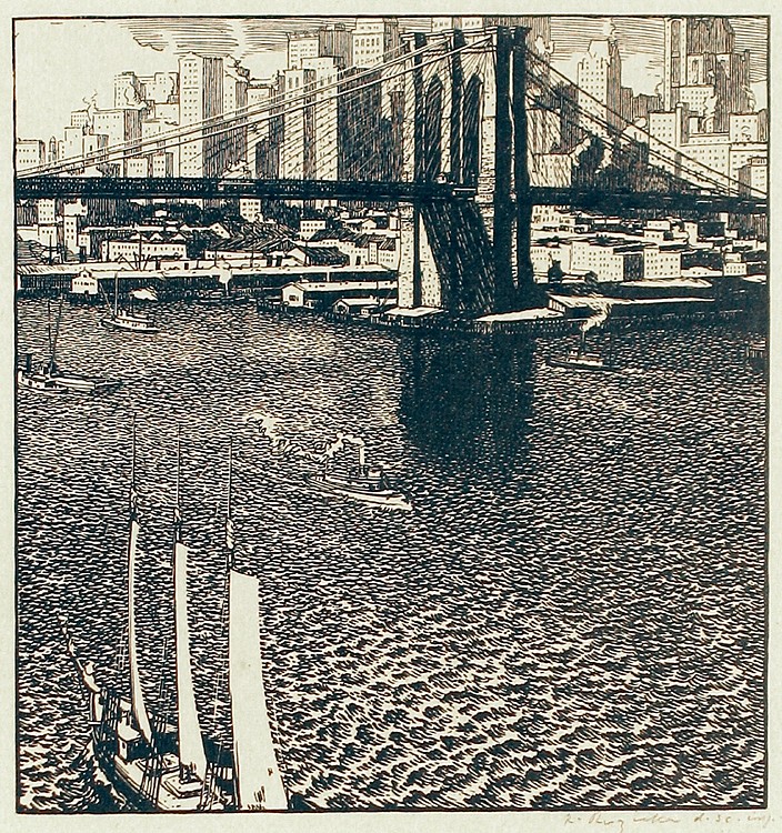 Rudolph Ruzicka, The Brooklyn Bridge, c. 1915
Wood engraving, 7 3/8 x 7 in. (18.7 x 17.8 cm)
RR190101