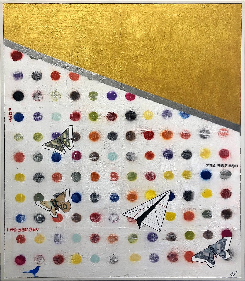 Guy Stanley Philoche, Metallic Gold with Paper Airplane and $10 Bill Butterfly, 2019
mixed media on canvas, 60 x 48 in. (152.4 x 121.9 cm)
GSP190608