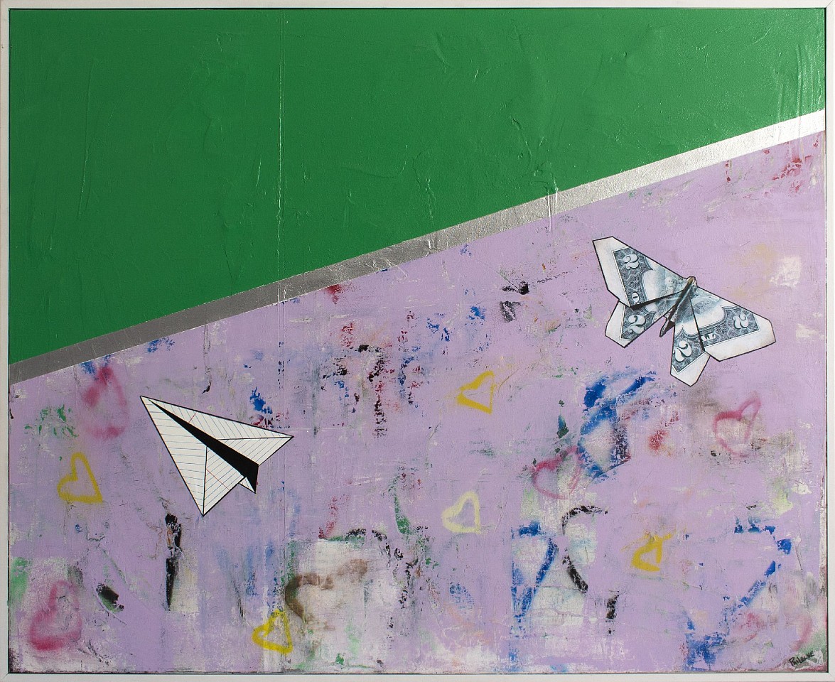 Guy Stanley Philoche, Leaf Green with Paper Airplane and Two Dollar Bill, 2019
mixed media on canvas, 48 x 60 in. (121.9 x 152.4 cm)
GSP191005