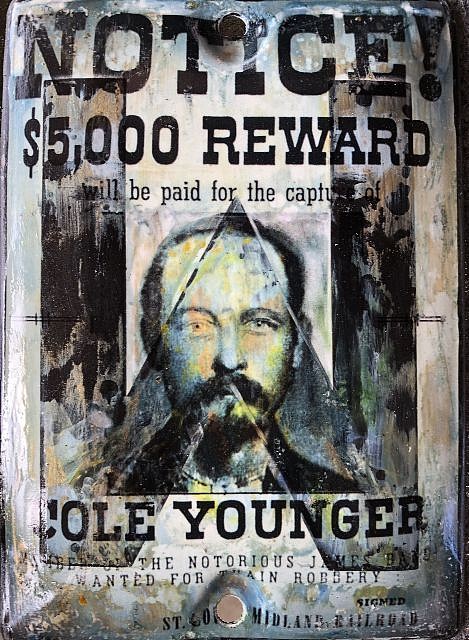 Kadir López, WANTED (Cole Younger 2)
mixed media on vintage enamel sign, 8 x 5 1/2 in.
KL220241