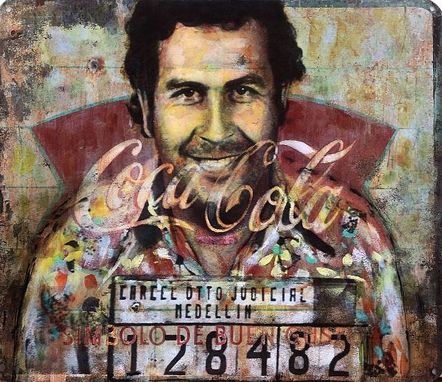 Kadir López, Pablo "Drug Lord" Escobar
mixed media on vintage enamel sign, 15 x 17 in.
KL220207