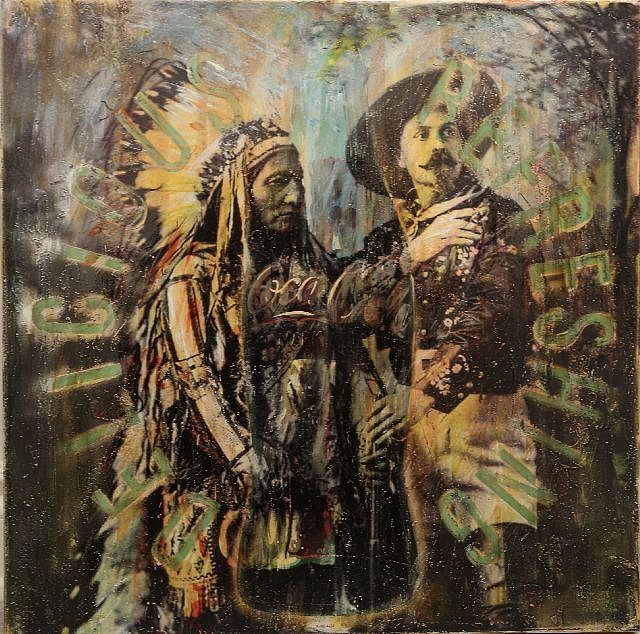 Kadir López, Sitting Bull and Buffalo Bill
mixed media on vintage enamel sign, 24 x 24 in.
KL220208
