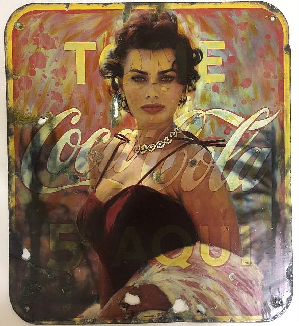 Kadir López, Sophia Loren
mixed media on vintage enamel sign, 19 x 17 in.
KL220226