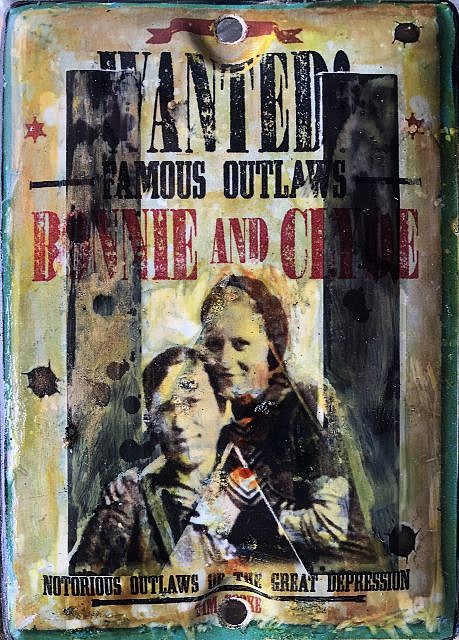 Kadir López, WANTED (Bonnie and Clyde 2)
mixed media on vintage enamel sign, 8 x 5 1/2 in.
KL220215