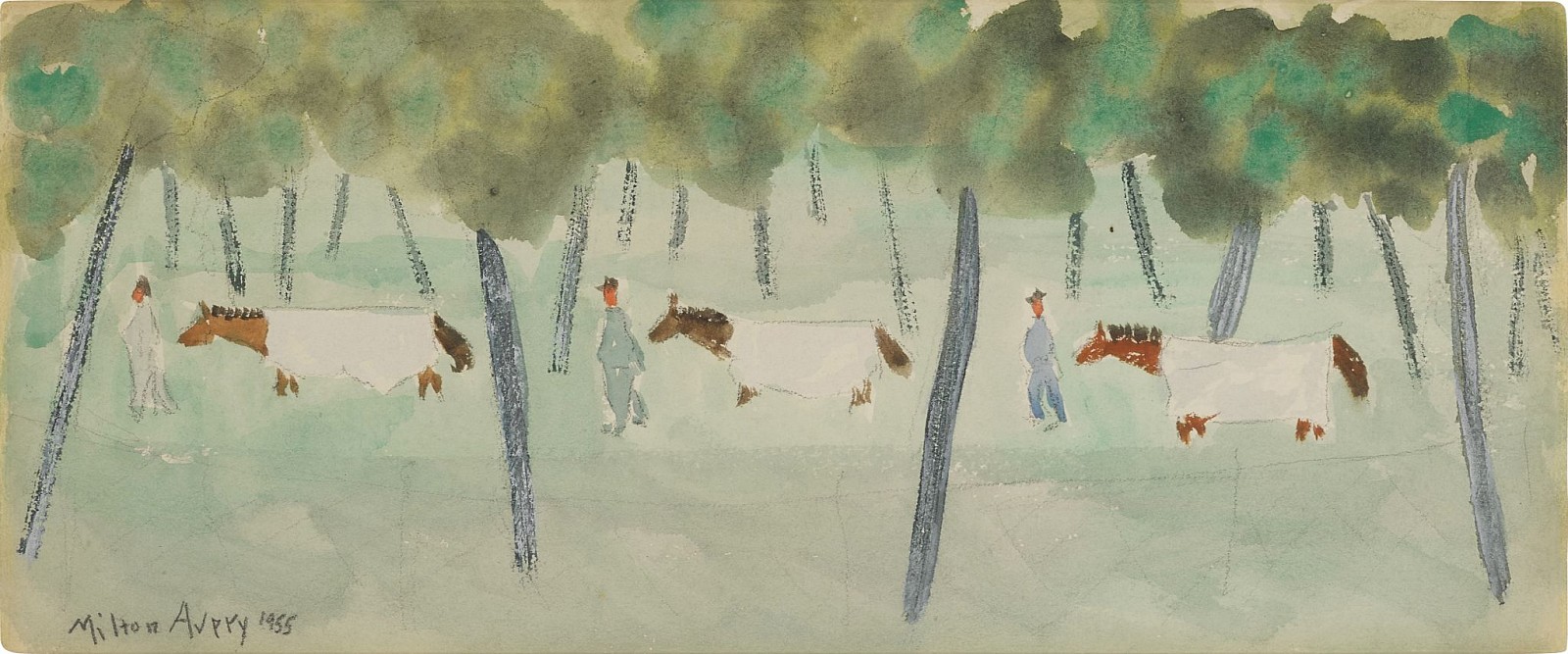 Milton Avery, Horses with Blankets, 1955
watercolor and pencil on paper, 7 x 16 1/2 in. (17.8 x 41.9 cm)
MA221001