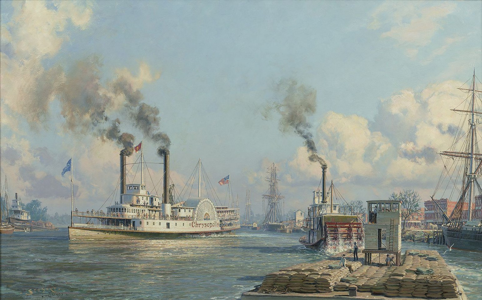John Stobart, Sacramento: The Celebrated River Steamer ""Chrysopolis"" Leaving San Francisco in 1870, 1993
oil on canvas, 20 x 32 in. (50.8 x 81.3 cm)
JS1030