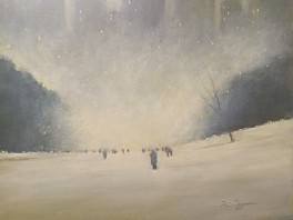 painting depicting Central Park NYC blanketed with snow under a snowy sky in the Blizzard of 2017