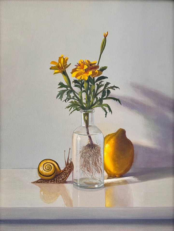 David Henry, Lemon, Snail, and Marigold, 2025
oil on birch panel, 12 x 9 in. (30.5 x 22.9 cm)
DH250202