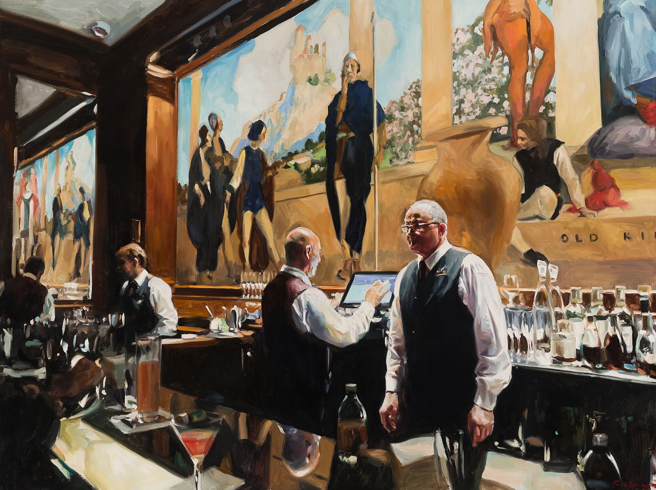 Paul G. Oxborough, Bartenders at the King Cole, 2025
oil on linen, 48 x 64 in. (121.9 x 162.6 cm)
PO250301