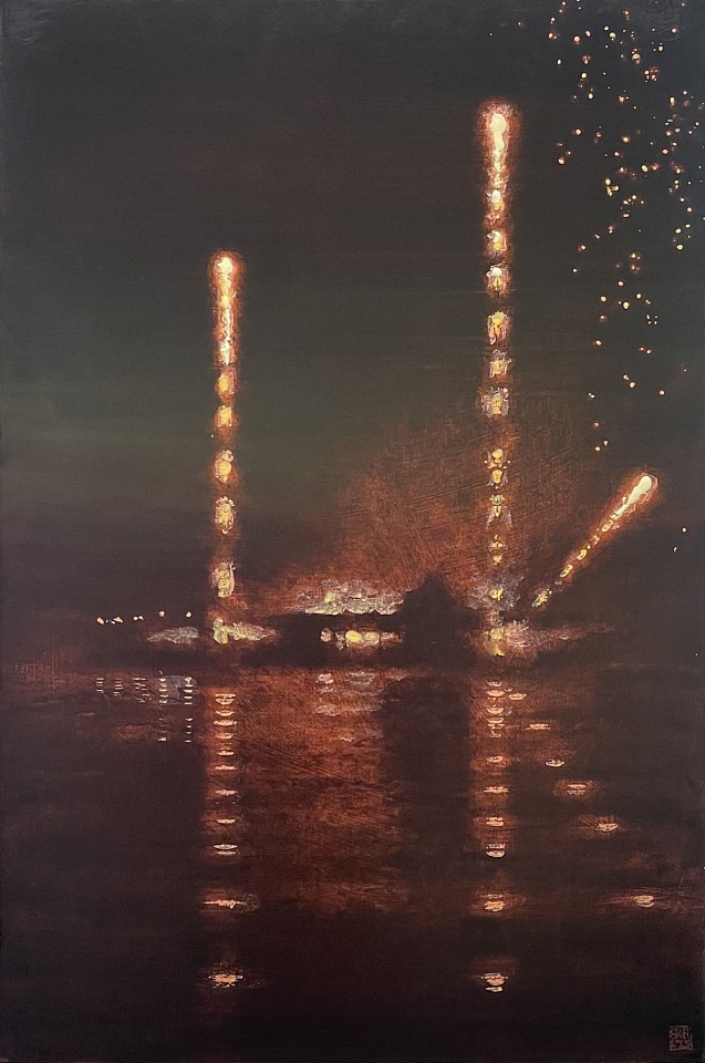 Stephen Hannock, Incendiary Nocturne; Bridge Launch, 2015
polished mixed media on canvas, 54 x 36 in. (137.2 x 91.4 cm)
SH251101