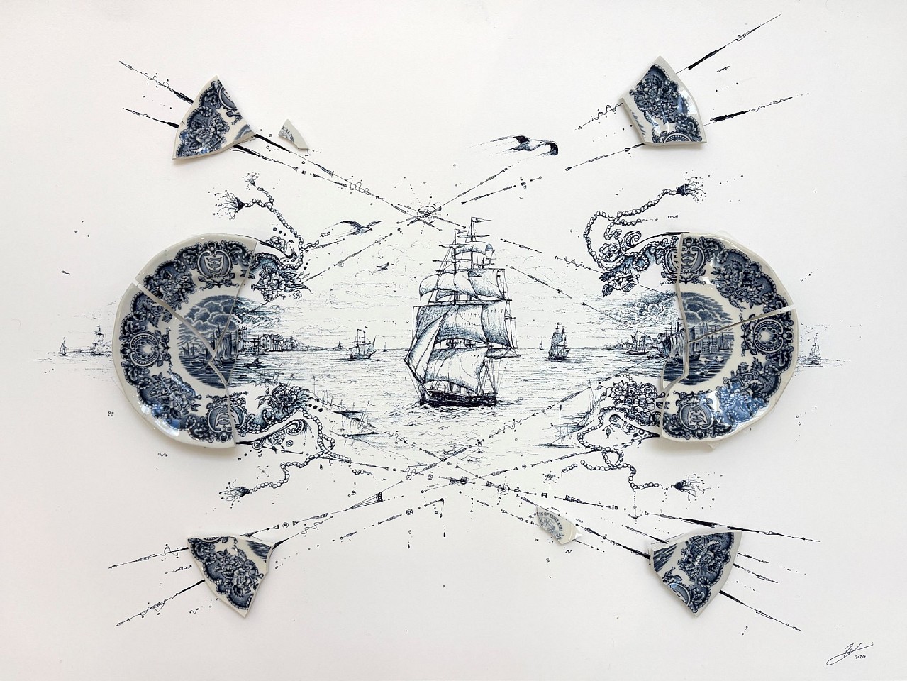 Rob Strati, Tall Ships in the Harbor, 2026
Broken plate, ink on paper, 24 x 30 x 2 1/2 in. (61 x 76.2 x 6.3 cm)
RS260601
