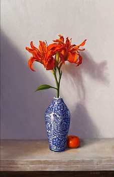 David Henry -&nbsp;David Henry Daylily in a Blue and White Ceramic Vase